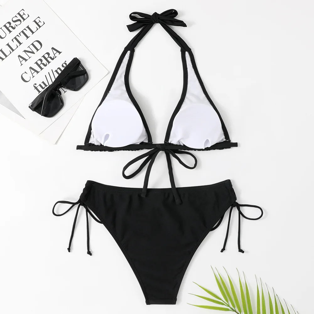Costume da bagno bikini sexy con laccetti al collo a vita bassa nero/rosso/rosa, due pezzi, stile brasiliano, in saldo