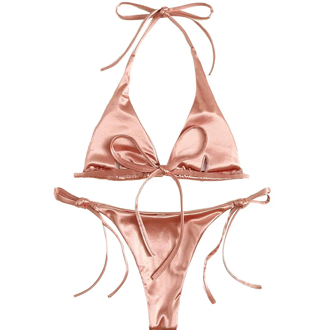 Sexy 13 colori Halter Satin Bikini brasiliano Donna Costumi da bagno Costume da bagno femminile Bikini a due pezzi Bagnante Costume da bagno Swim V4966