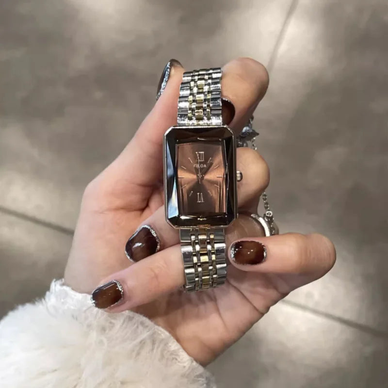 CILOA Orologio retrò marrone da donna cinturino quadrato in acciaio inossidabile 2025 nuovo marchio di moda di tendenza orologio autentico di alta qualità
