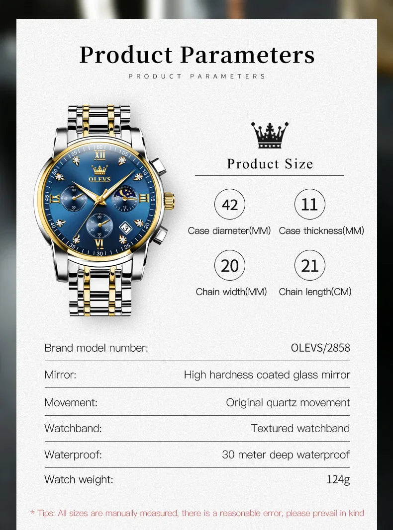 OLEVS 2858 Orologio da Uomo in Acciaio Inossidabile, Impermeabile, Antigraffio, con Fasi Lunari, Luminoso, Cronografo, Orologio da Polso al Quarzo di Lusso