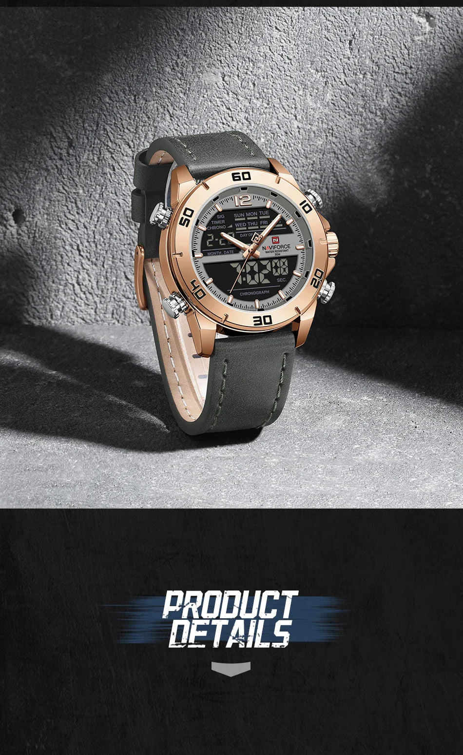 NAVIFORCE Orologio alla moda da uomo con cinturino in vera pelle Movimento al quarzo resistente all'acqua 30M Display luminoso con giorno e data F
