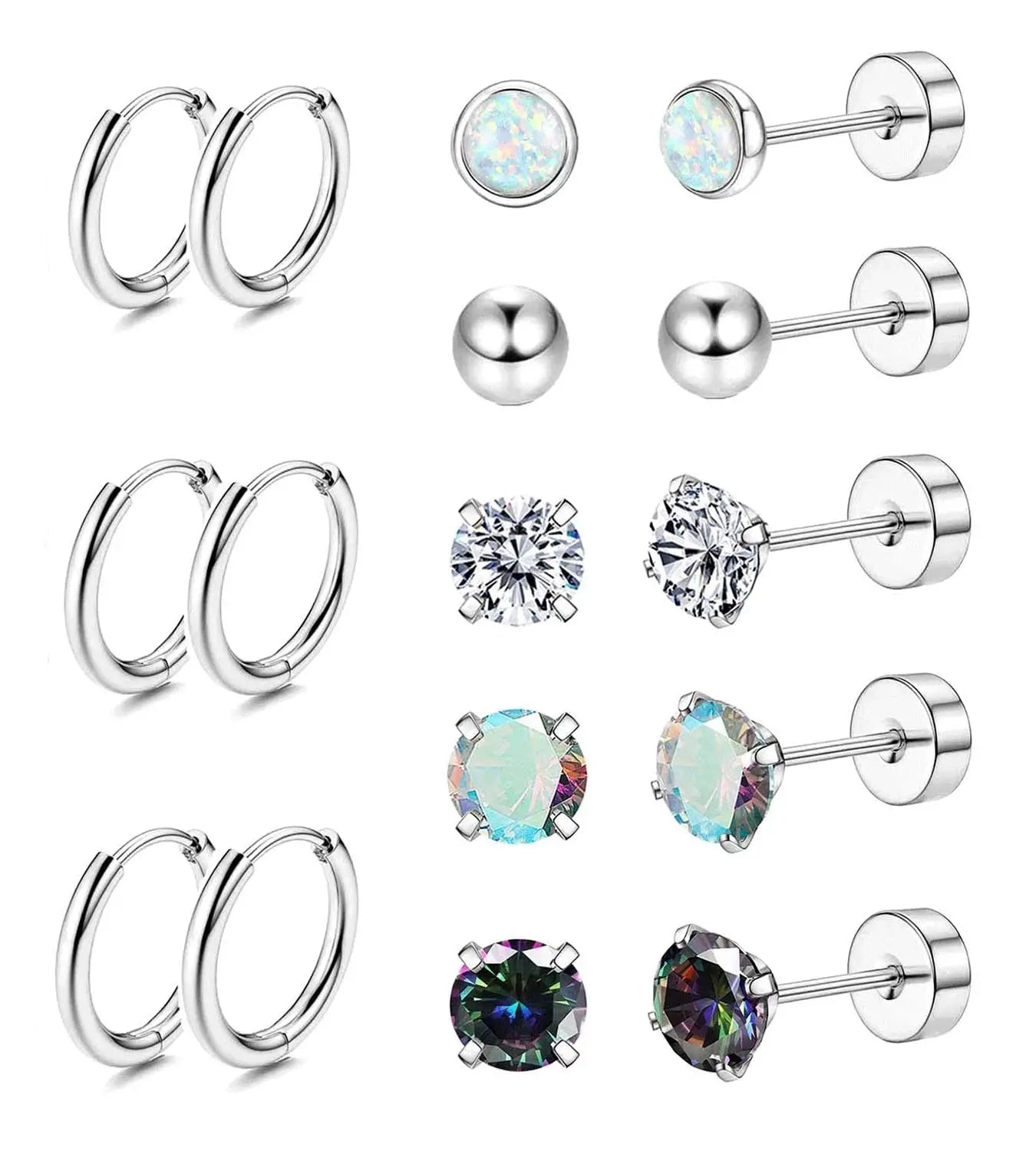 Set di 6 Paia di Orecchini per Piercing Multipli, Piccoli Orecchini a Cerchio, Orecchini a Perno con Zirconi, Opale e Perla per Donne