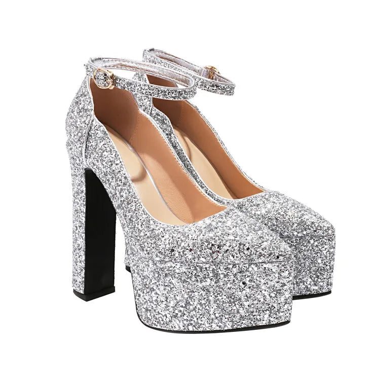 Ochanmeb Bling Bling Silver Gold Glitter Shoes Woman Ultra High Heels Platform Buckle Sequin Red Pumps Ladies Party Prom Wedding
