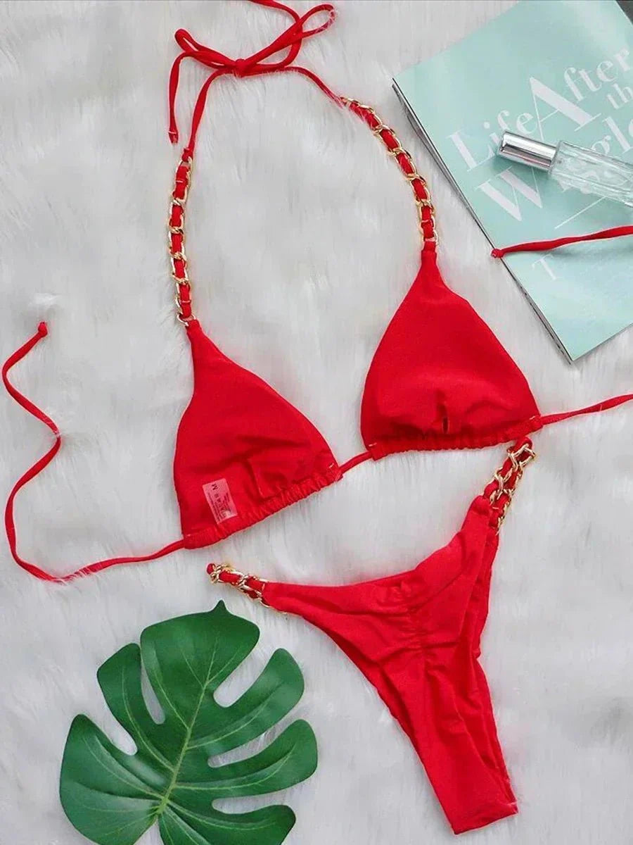 Bikini Brasiliano Due Pezzi con Catene Metalliche e Micro Perizoma, Costume da Bagno Donna
