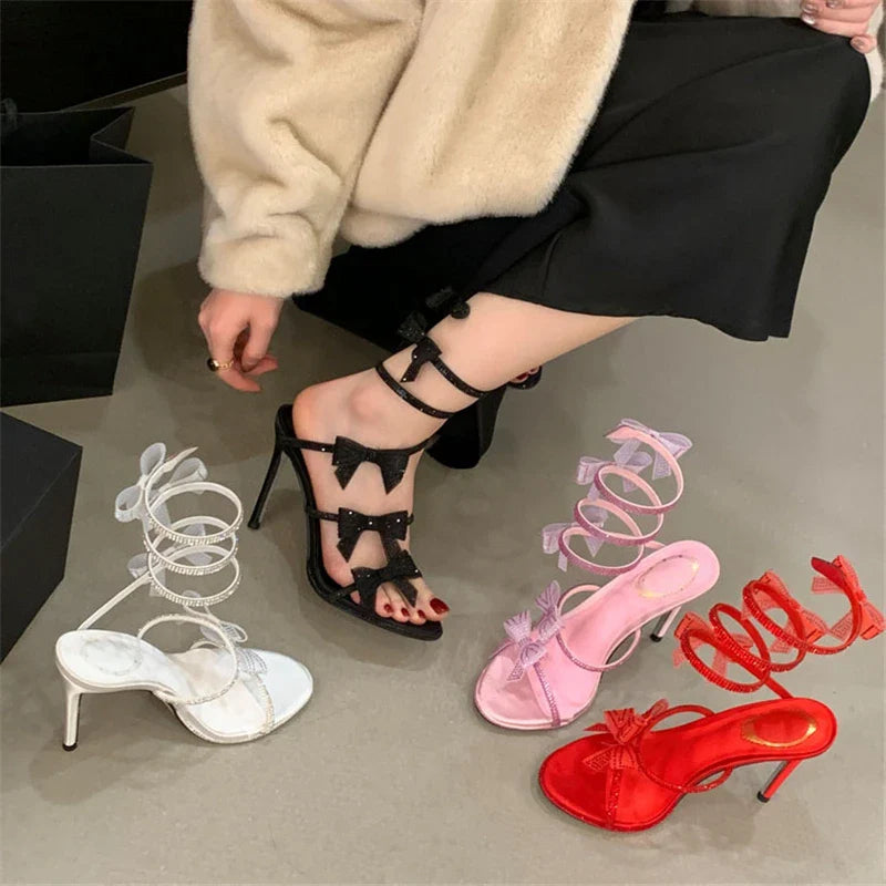 Aneikeh Elegant Pink Wedding Shoes CRYSTAL Bow High Heels Sandals Woman Summer Ankle Strap Thin High Heels Open Toed Party Shoes