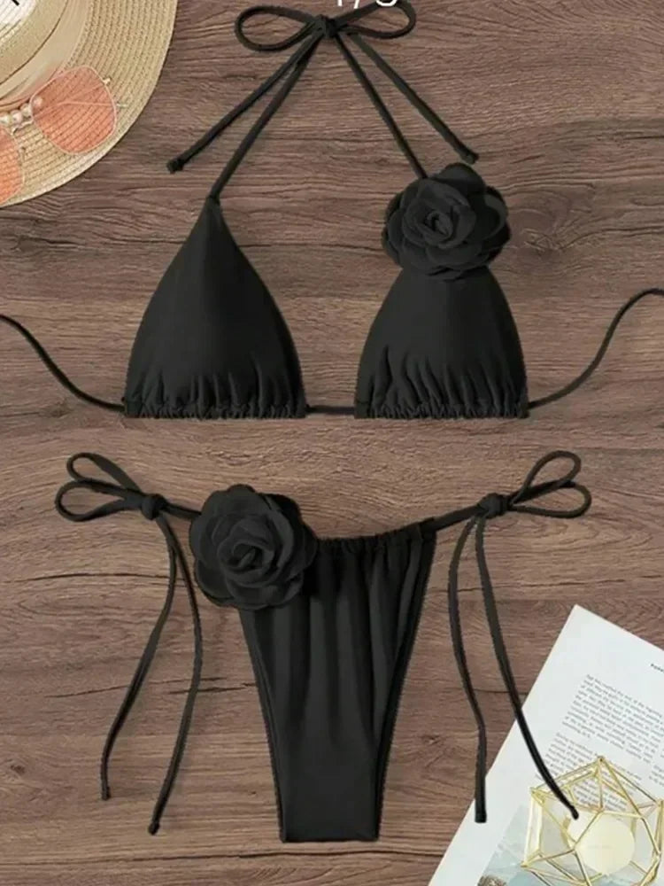 Costume da Bagno Sexy con Fiori e Fascia, Bikini a Perizoma 2025, Costumi da Bagno Donna con Lacci, Set Bikini Brasiliano, Biquini Mujer