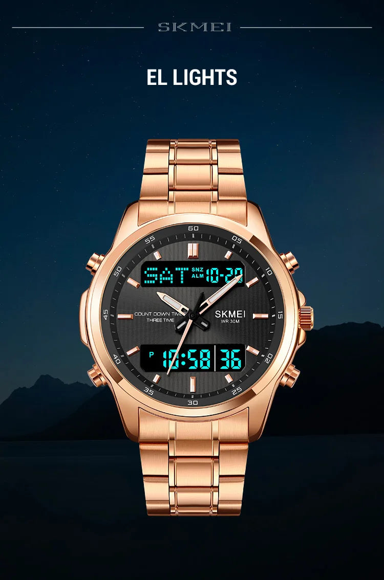 Skmei orologio da polso analogico al quarzo da uomo cinturino in acciaio inossidabile di lusso Led impermeabile digitale sportivo sveglia a tre fusi orari