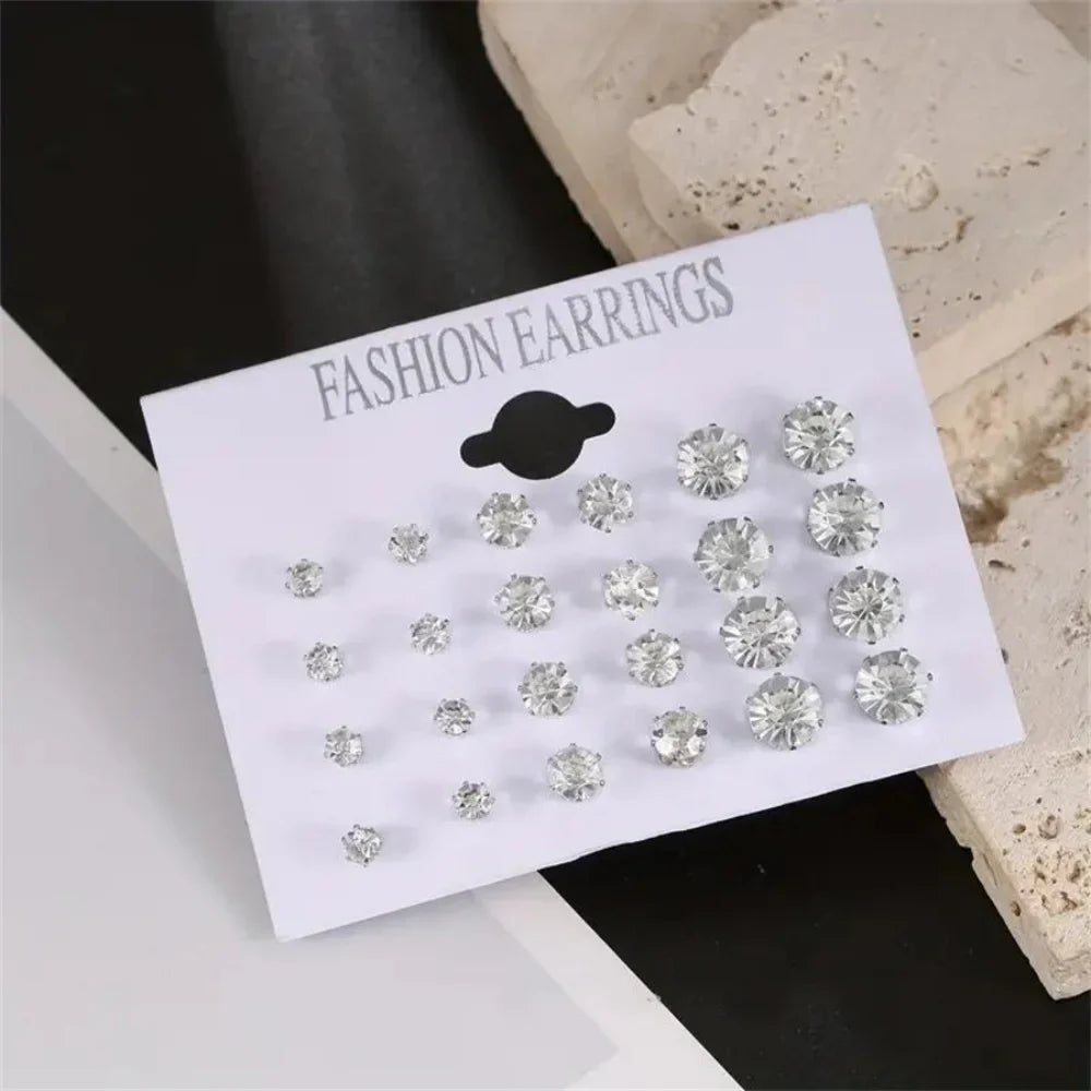 Set da 12 paia di orecchini a bottone in acciaio inossidabile color argento CZ con boccioli di pietre preziose orecchini rotondi accessori per gioielli unisex