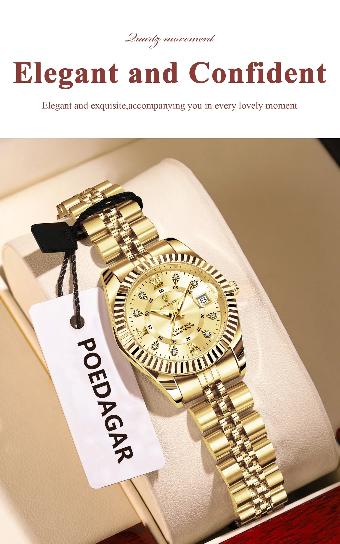 POEDAGAR Orologio da polso da donna alla moda Impermeabile Data luminosa Orologi da donna eleganti Orologio al quarzo in acciaio inossidabile per donna Reloj