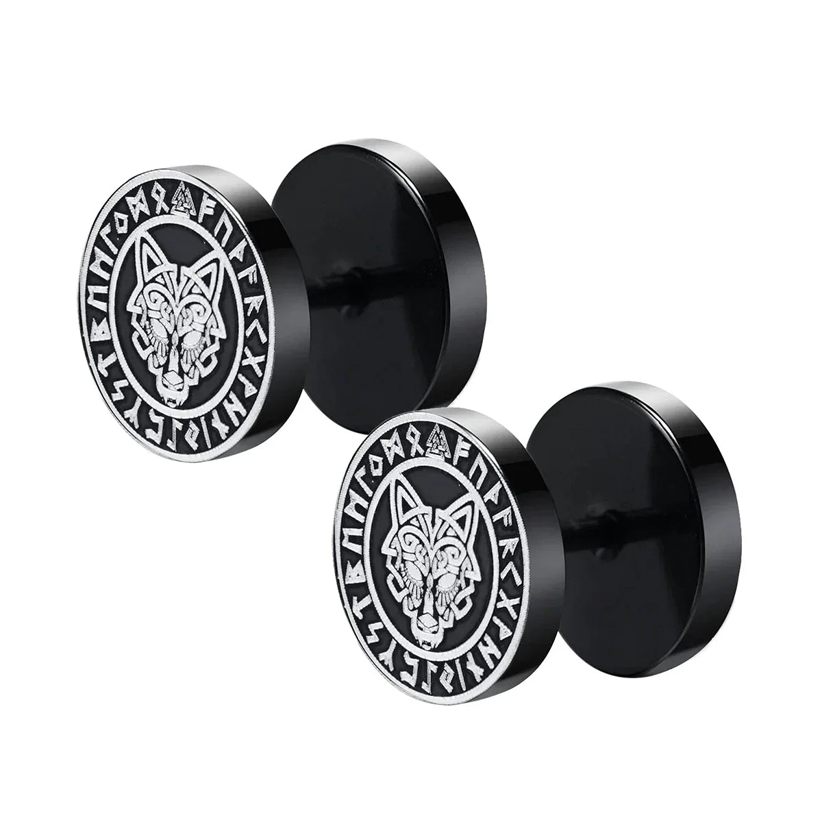 Orecchini a bottone con rune vichinghe norvegesi gotiche per uomo Ragazzi Rock Punk Acciaio inossidabile Testa di lupo Bussola Nodo celtico Orecchini neri Regalo