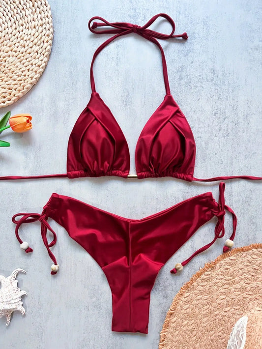 2026 Sexy Bikini a Pieghe Tinta Unita Micro Bikini Donna Costume da Bagno Femminile Triangolare Abbigliamento da Spiaggia