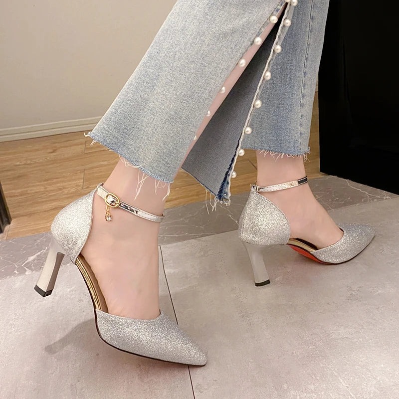 Bling Gold Silver Women Pumps 2023 Sexy Point Toe Thin Heel Party Wedding Shoes Womens Summer Ankle Strap 8cm High Heels Shoes