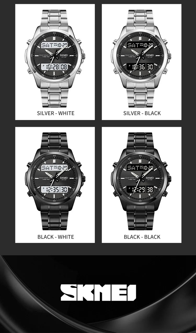 Skmei orologio da polso analogico al quarzo da uomo cinturino in acciaio inossidabile di lusso Led impermeabile digitale sportivo sveglia a tre fusi orari