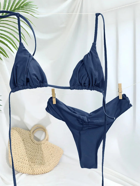 Costume da bagno bikini con pieghe sexy Micro bikini solido Costume da bagno donna Triangolo femminile Costume da bagno da spiaggia