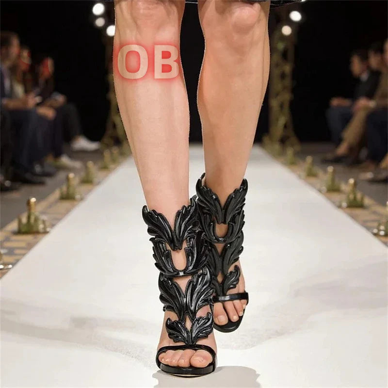 White Elegant Prom Heels Sandals Open Toe Leaf Wing Caged Sandals Chic Party Event Stiletto Shoes Stylish Party Footwear