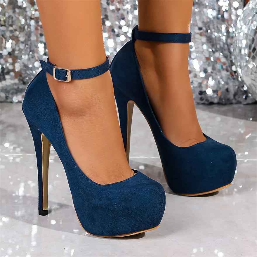 Big Size 36-47 Soft Flock Office Shoes Women Pumps 2026 Buckle Round Toe Super High Heels 14.5CM Sexy Platform Party Shoes Woman