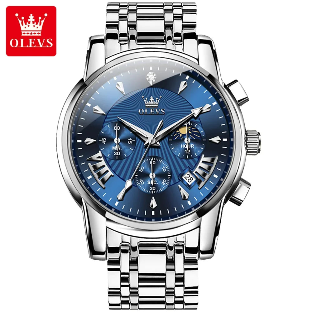 OLEVS Orologi al quarzo da uomo Orologi di marca in acciaio inossidabile Orologio sportivo impermeabile per uomo Cronografo con fasi lunari