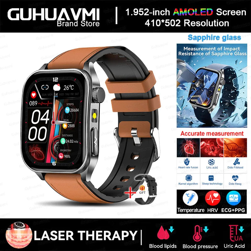 2025 Trattamento laser Tre Smartwatch alti 1.95 "Schermo curvo in zaffiro ECG + PPG Grasso nel sangue Acido urico Diagnosi salute Smartwatch