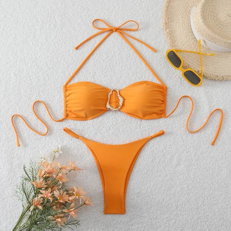 Costume da Bagno da Spiaggia alla Moda, Set Bikini a Perizoma per Donna, Sexy Costume da Bagno a Triangolo con Lacci, Due Pezzi, Stile Brasiliano, Tinta Unita