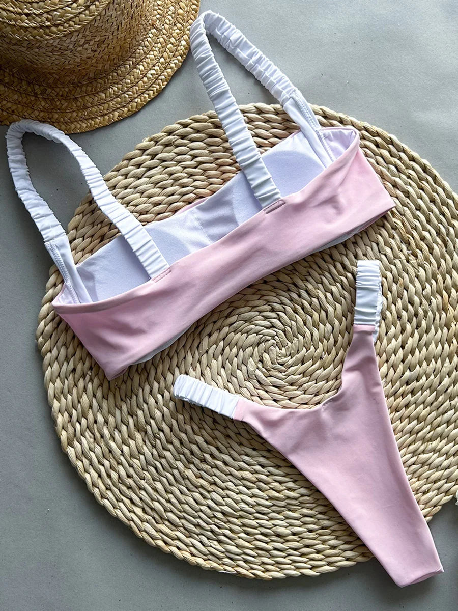 Splicing Micro Perizoma Bikini Donna Costumi da bagno a fascia Costume da bagno femminile Bikini a due pezzi Costume da bagno con taglio alto Swim Lady
