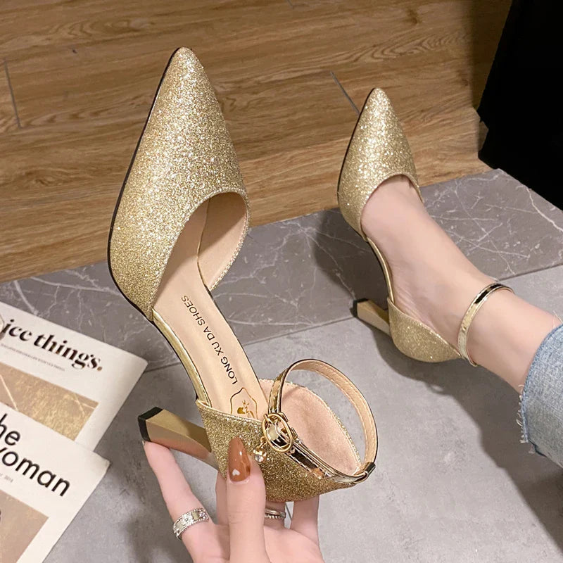 Bling Gold Silver Women Pumps 2023 Sexy Point Toe Thin Heel Party Wedding Shoes Womens Summer Ankle Strap 8cm High Heels Shoes