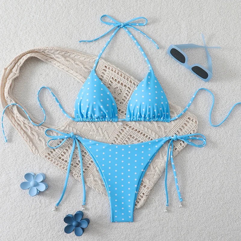 Bikini di Tendenza 2026, Costume da Bagno Sexy con Perle, Micro Bikini a Pois, Abbigliamento da Spiaggia per Donna