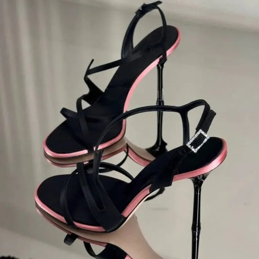 Satin Color Block Stiletto Fashionable High Heels with One Belt 2026 New Summer Sexy Temperament Versatile Sandals
