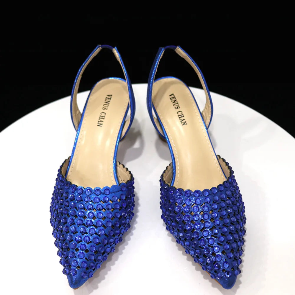 Venus Chan Pointed Toe Heels for Women 2023 Elegant Party Wine Color Full Diamond Pumps Italian Shoes and Bags Matching Set