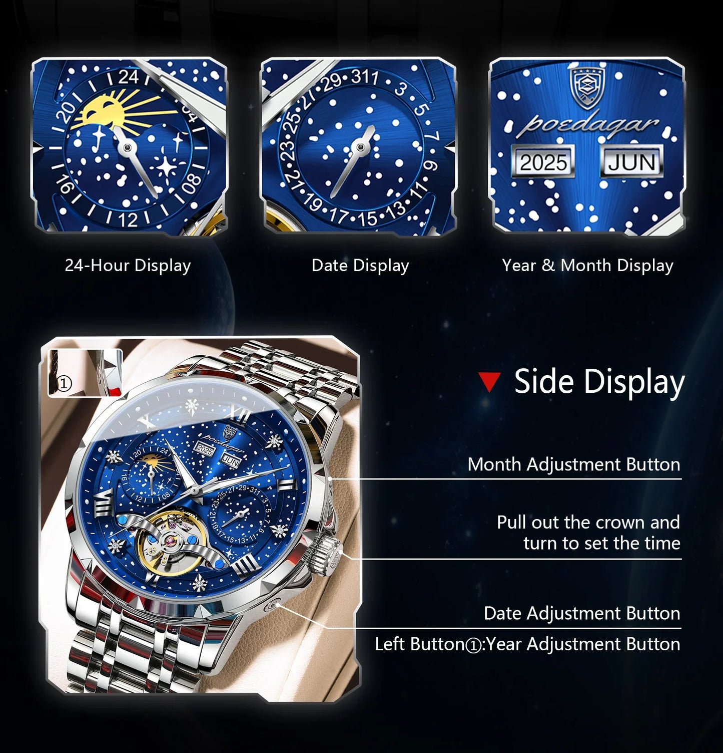 POEDAGAR Top Orologio da uomo originale Orologio meccanico automatico da uomo in acciaio inossidabile Calendario Hollow Tourbillon Orologio da uomo Maschio + scatola