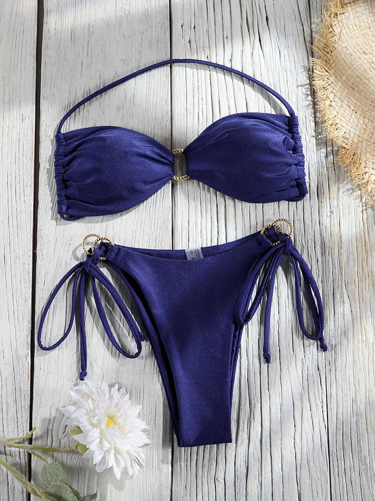 Set Bikini a Fascia da Donna con Pieghe, Costume da Bagno Sexy con Laccetti, Bikini Brasiliano con Bendaggio, Abbigliamento da Spiaggia