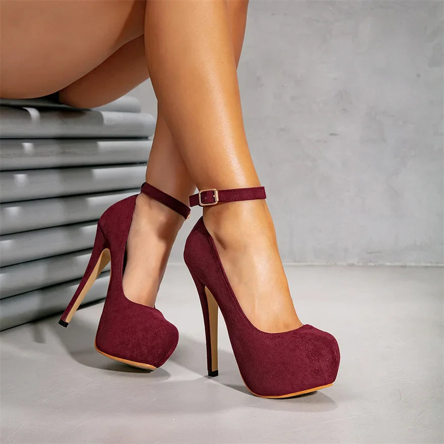 Big Size 36-47 Soft Flock Office Shoes Women Pumps 2026 Buckle Round Toe Super High Heels 14.5CM Sexy Platform Party Shoes Woman