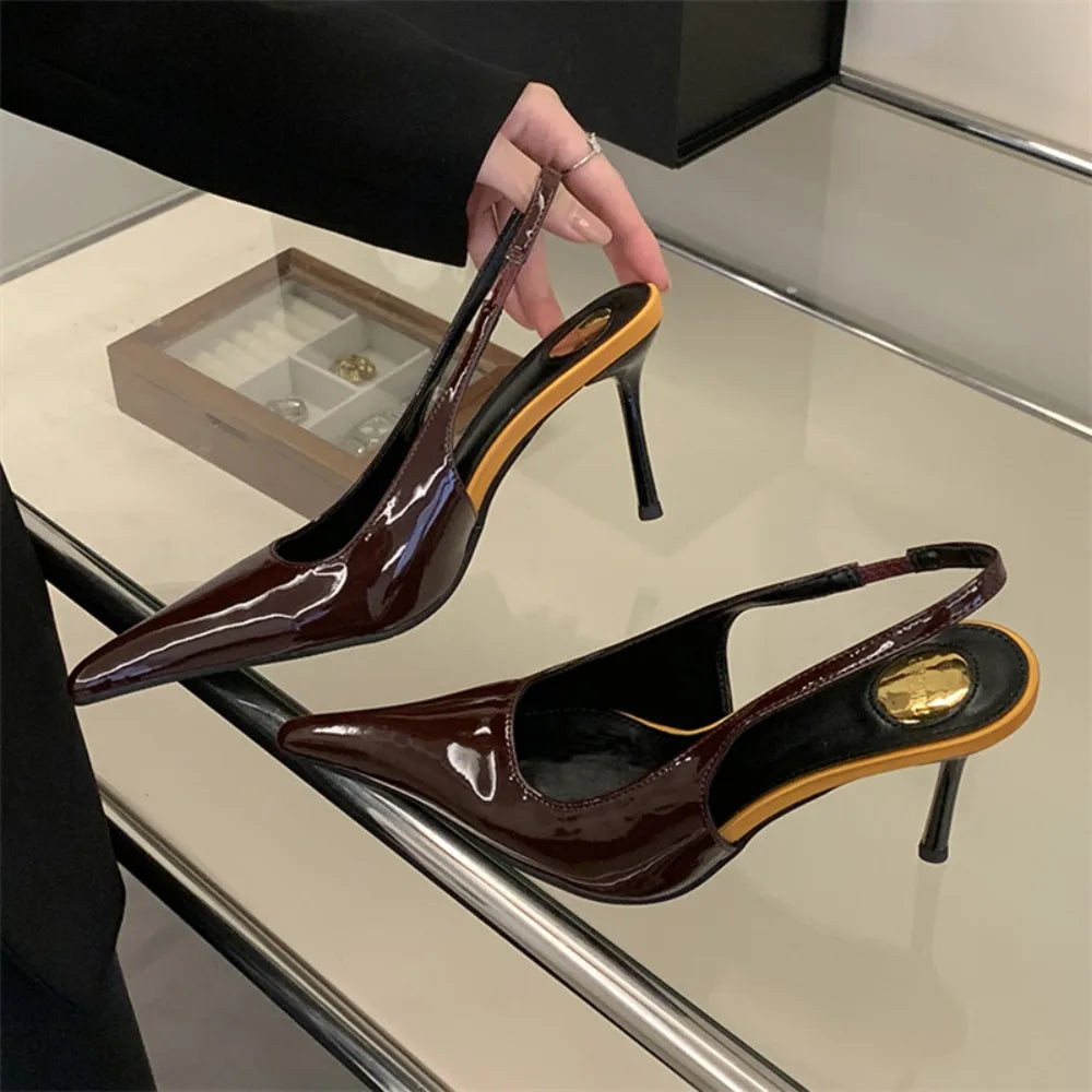 Eilyken Spring Fashion Sexy Thin Heels Pointed Toe Pumps Women Mule Shoes Elegant Patent Leather Banquet Striptease Sandals