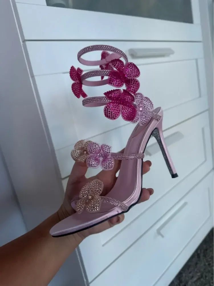 Aneikeh Elegant Pink Wedding Shoes CRYSTAL Bow High Heels Sandals Woman Summer Ankle Strap Thin High Heels Open Toed Party Shoes