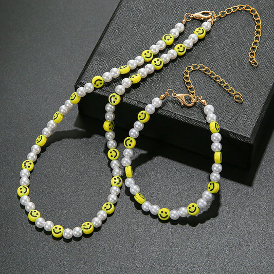 Bracciale con collana con volto sorridente di perle divertenti per donna Uomo Vitalità Sorriso colorato Accessori girocollo con perline Set di gioielli di moda