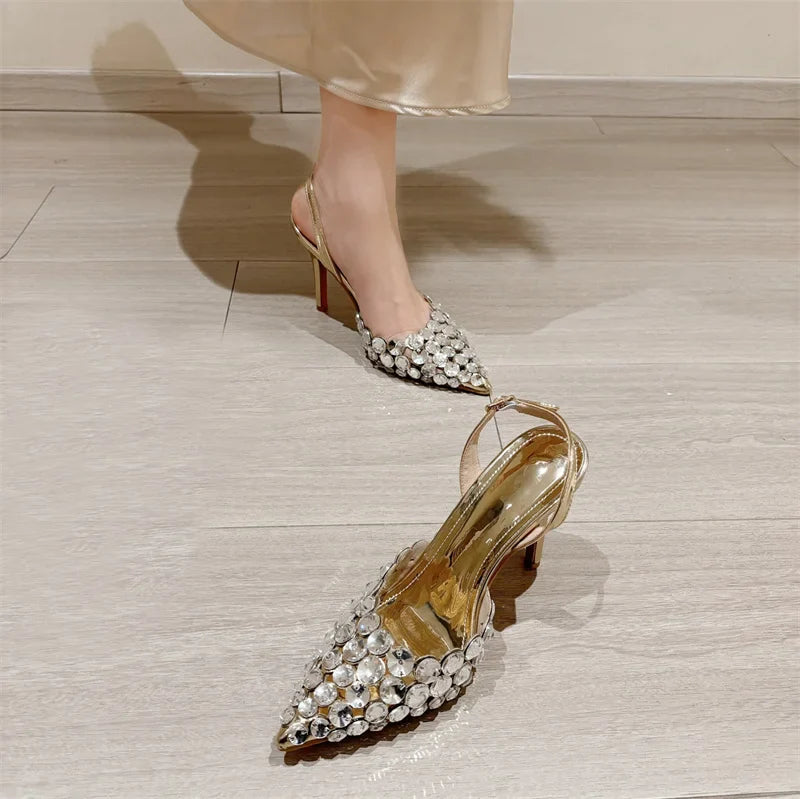 Hlieny Hollow Out Patent Leather Women Pumps Fashion Crystal Diamonds Pointed Toe Gold Silver High Heels Shoes Stiletto Sandals