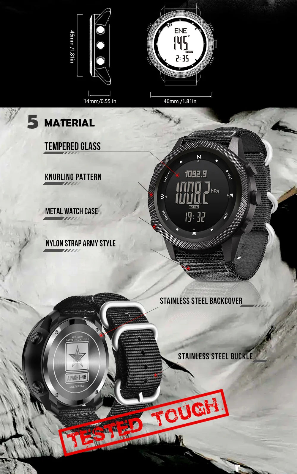 NORTH EDGE APACHE-46 Orologio digitale da uomo Sport all'aria aperta Corsa Nuoto Orologi sportivi all'aria aperta Altimetro Barometro Bussola WR50M