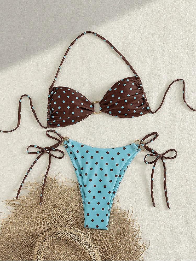 Set Bikini a Fascia da Donna con Pieghe, Costume da Bagno Sexy con Laccetti, Bikini Brasiliano con Bendaggio, Abbigliamento da Spiaggia