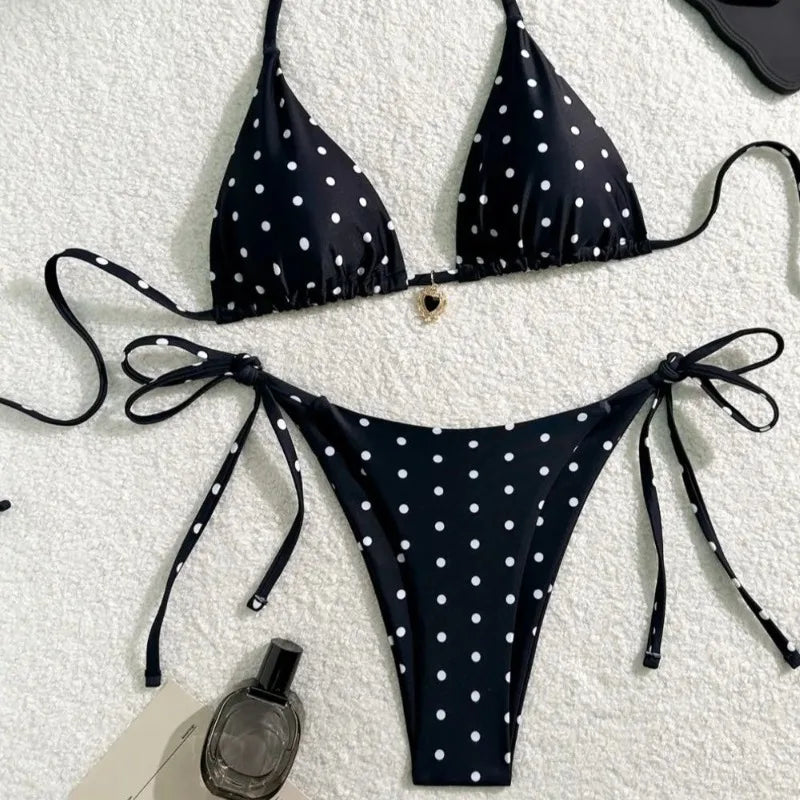 Set bikini sexy Costume da bagno 2 pezzi a pois bianco nero per donna Bikini da spiaggia stile americano