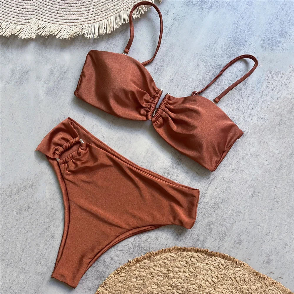 Bikini a Fascia Push-Up Donna 2024, Costume da Bagno Sexy Femminile, Set Bikini Brasiliano con Perizoma, Tinta Unita, Abbigliamento da Spiaggia