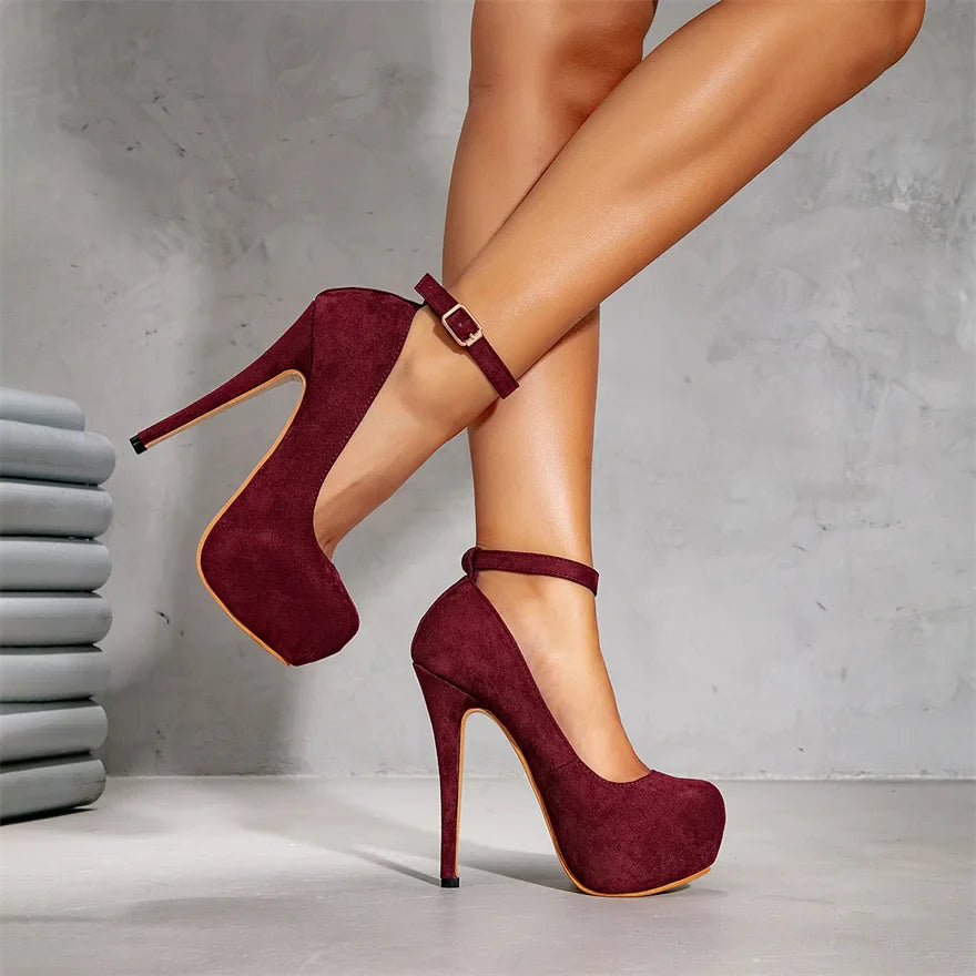 Big Size 36-47 Soft Flock Office Shoes Women Pumps 2026 Buckle Round Toe Super High Heels 14.5CM Sexy Platform Party Shoes Woman