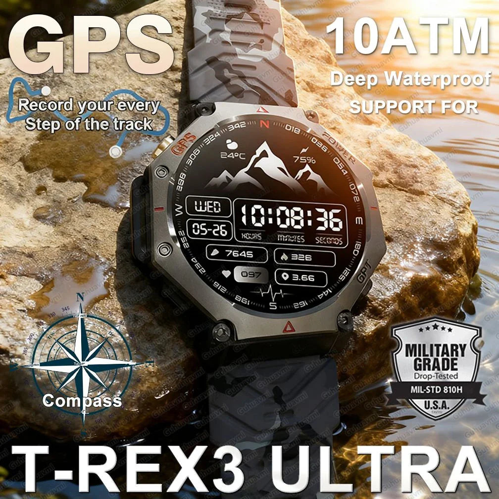 T-Rex 3 Grado Ultra Militare GPS Astuto Della Vigilanza 10ATM Bussola Impermeabile Altimetro Barometrico AMOLED Uomini HD Chiamata Sport Smartwatch