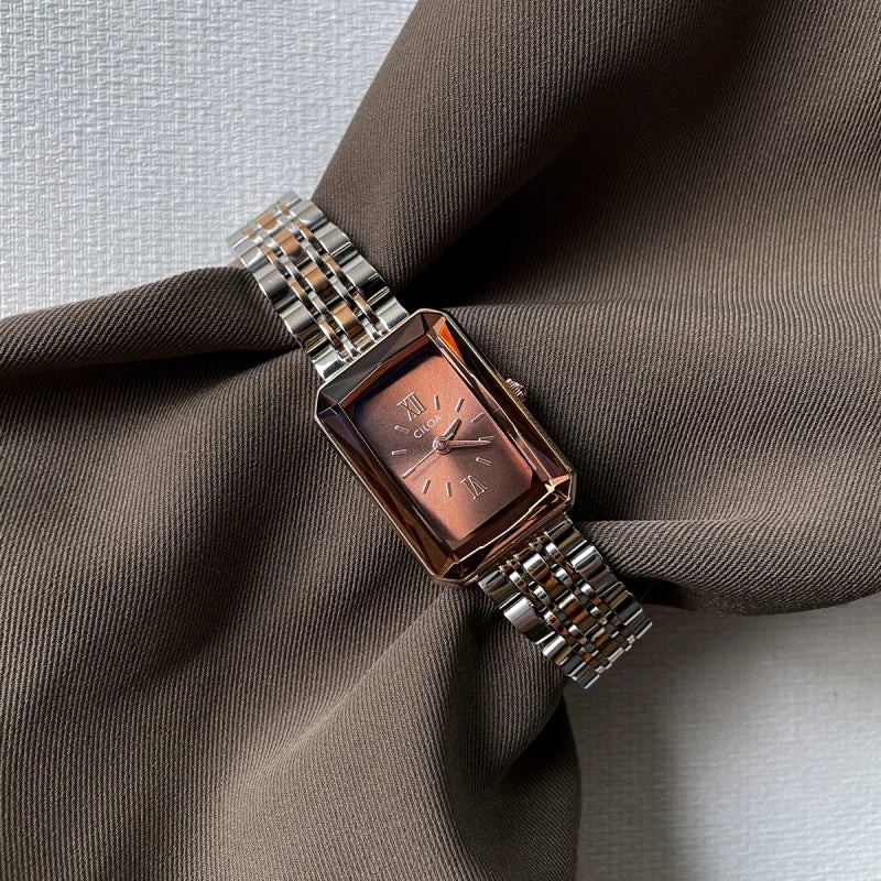 CILOA Orologio retrò marrone da donna cinturino quadrato in acciaio inossidabile 2025 nuovo marchio di moda di tendenza orologio autentico di alta qualità