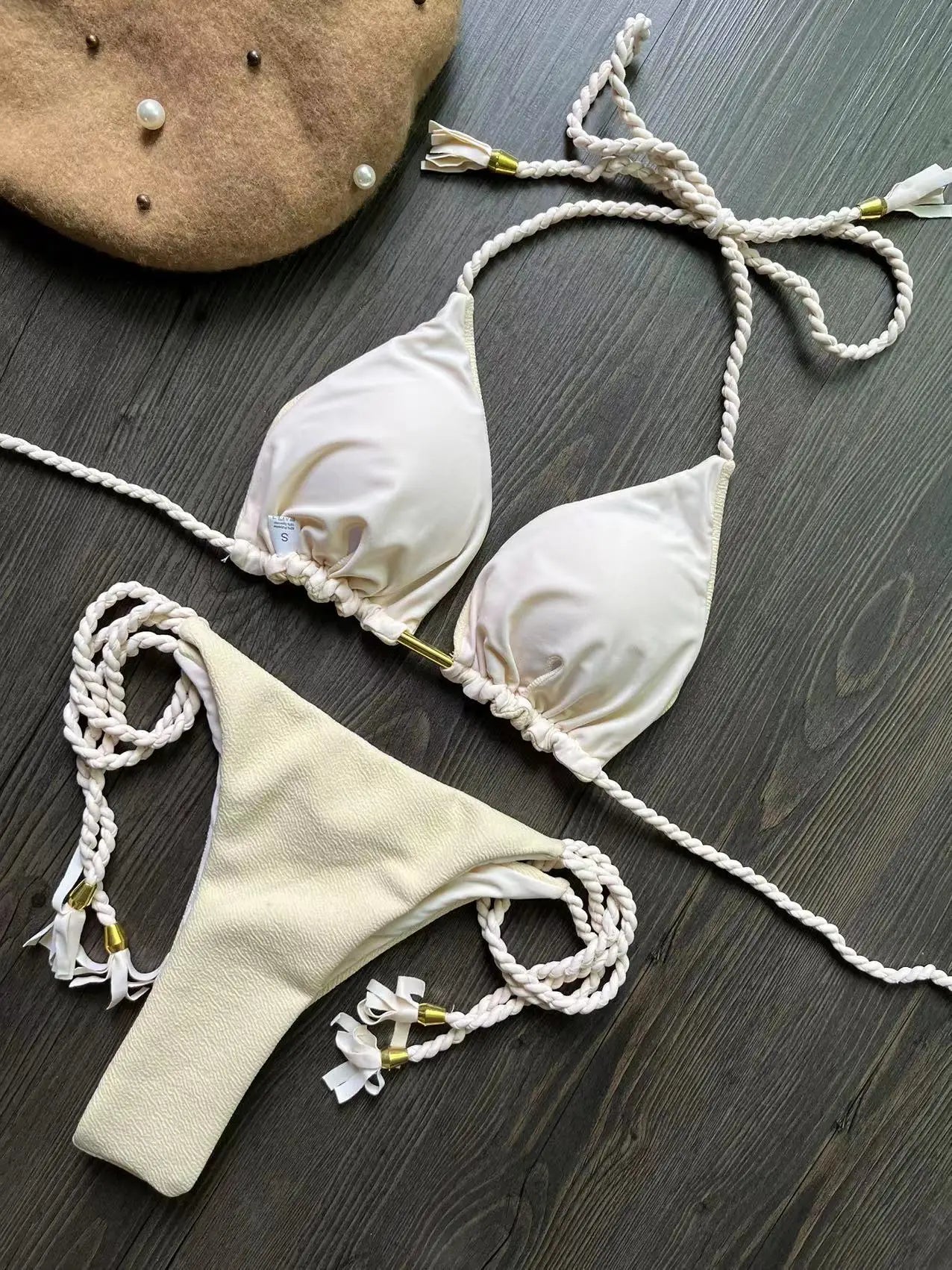 Costume da bagno bikini sexy con laccetti intrecciati, due pezzi, triangolare, stile brasiliano.