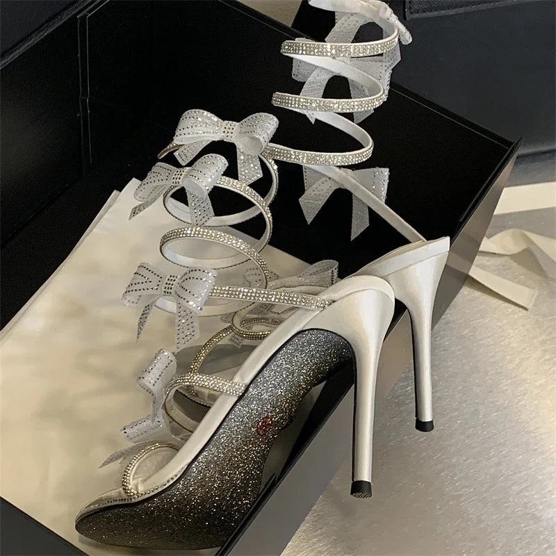 Aneikeh Elegant Pink Wedding Shoes CRYSTAL Bow High Heels Sandals Woman Summer Ankle Strap Thin High Heels Open Toed Party Shoes