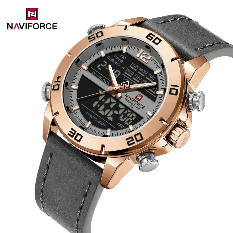 NAVIFORCE Orologio alla moda da uomo con cinturino in vera pelle Movimento al quarzo resistente all'acqua 30M Display luminoso con giorno e data F