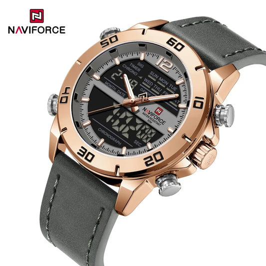 NAVIFORCE Orologio alla moda da uomo con cinturino in vera pelle Movimento al quarzo resistente all'acqua 30M Display luminoso con giorno e data F