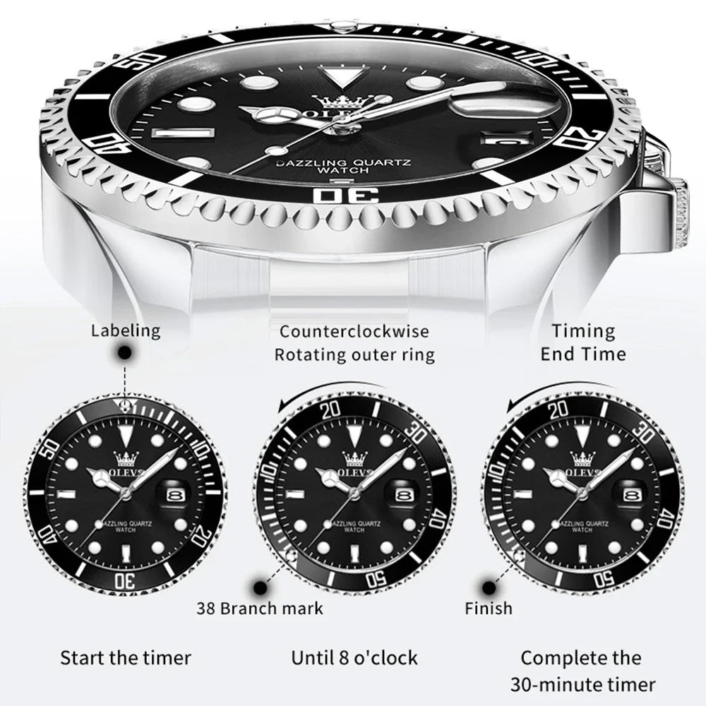 OLEVS Orologi da uomo Trend Luxury Cinturino in acciaio pregiato Grande data Orologio da polso al quarzo di marca originale per uomo Impermeabile luminoso 5885 Nuovo