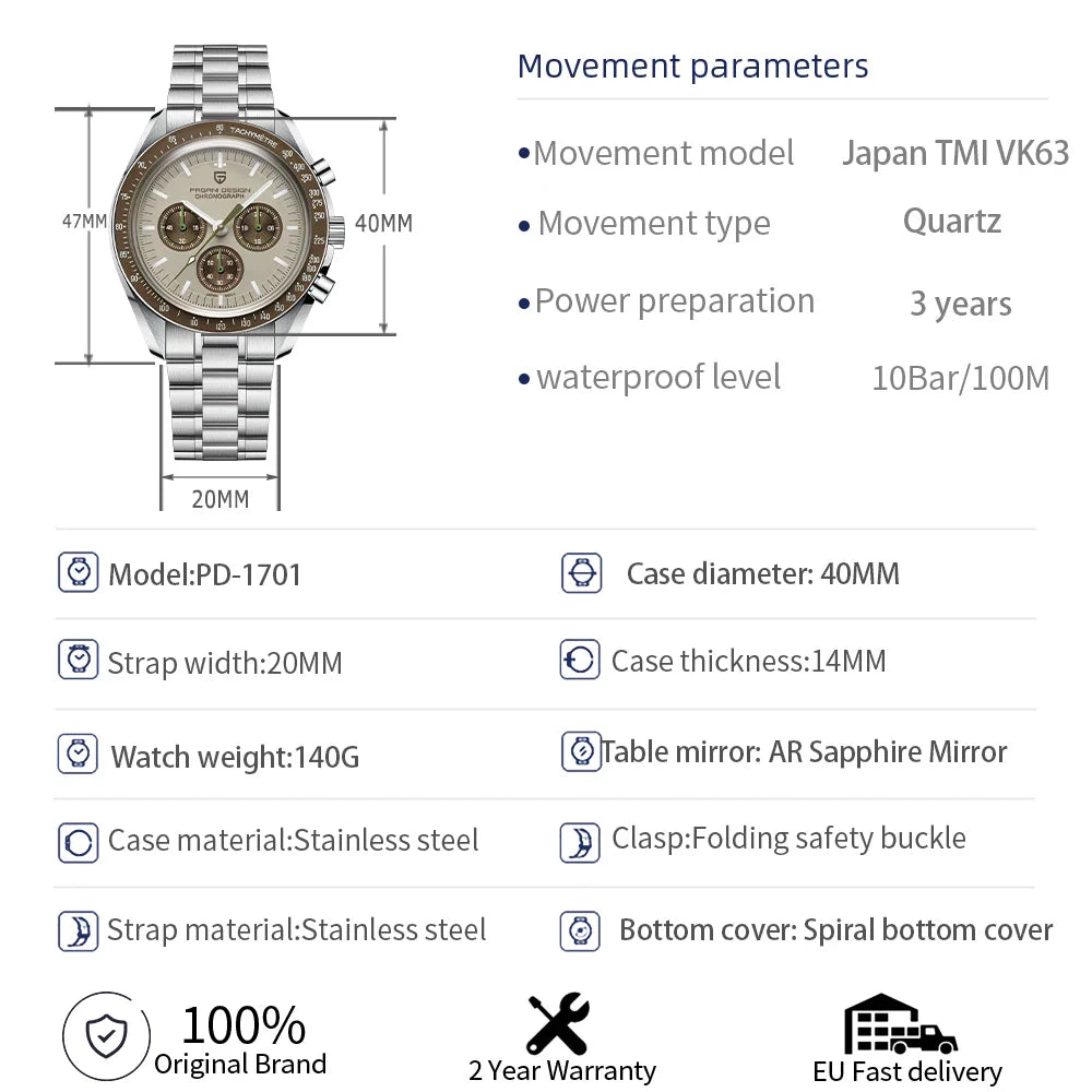 PAGANI DESIGN 500 Orologio da Uomo di Lusso con Cronografo Sportivo, Quadrante Tondo, Vetro Zaffiro AR, Movimento Giapponese, Acciaio 316L, Luminoso