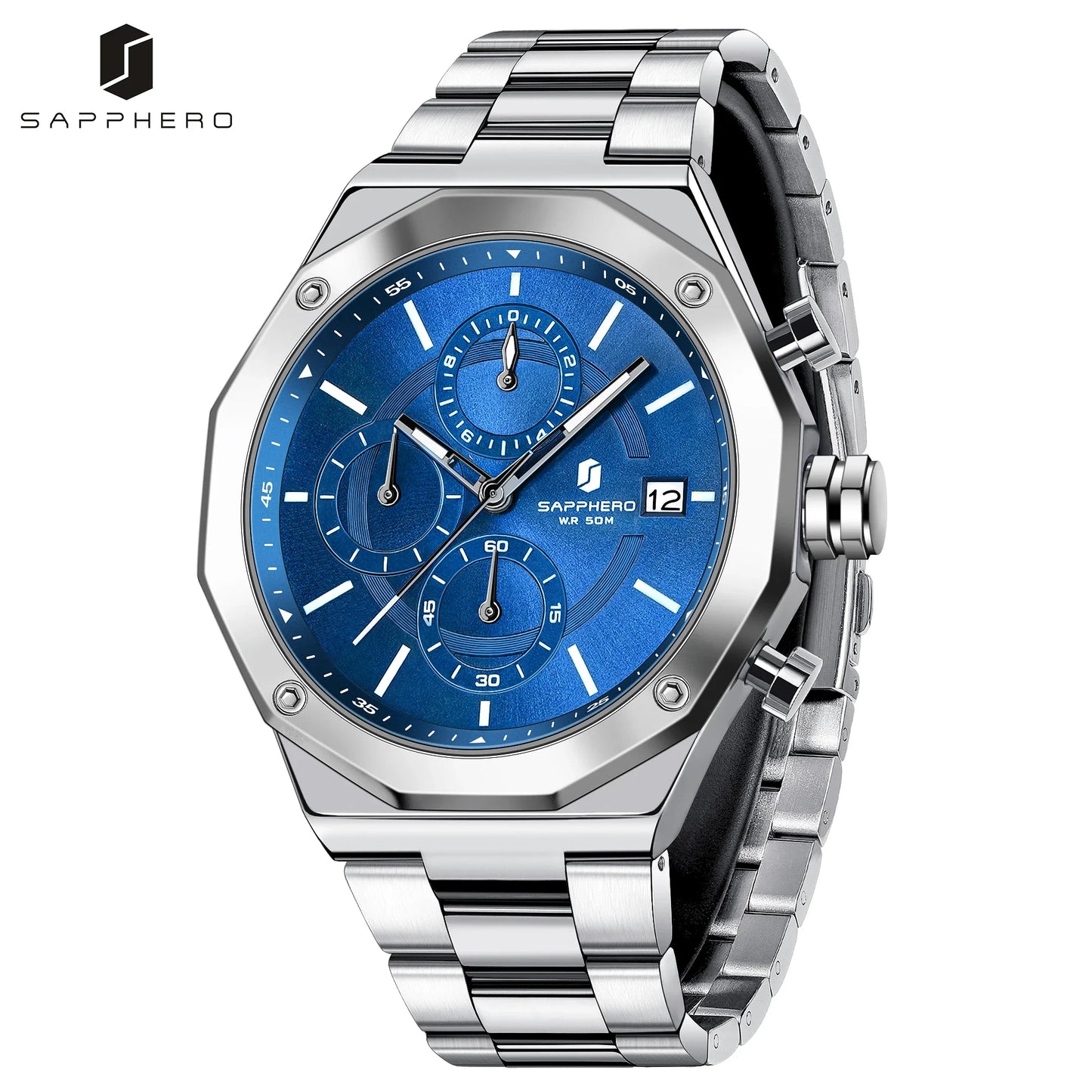 SAPHERO Orologio Cronografo Uomo al Quarzo 5ATM Impermeabile Acciaio Inox con Data, Regalo Perfetto per Padre, Marito, Fidanzato per Natale, Compleanno, San Valentino