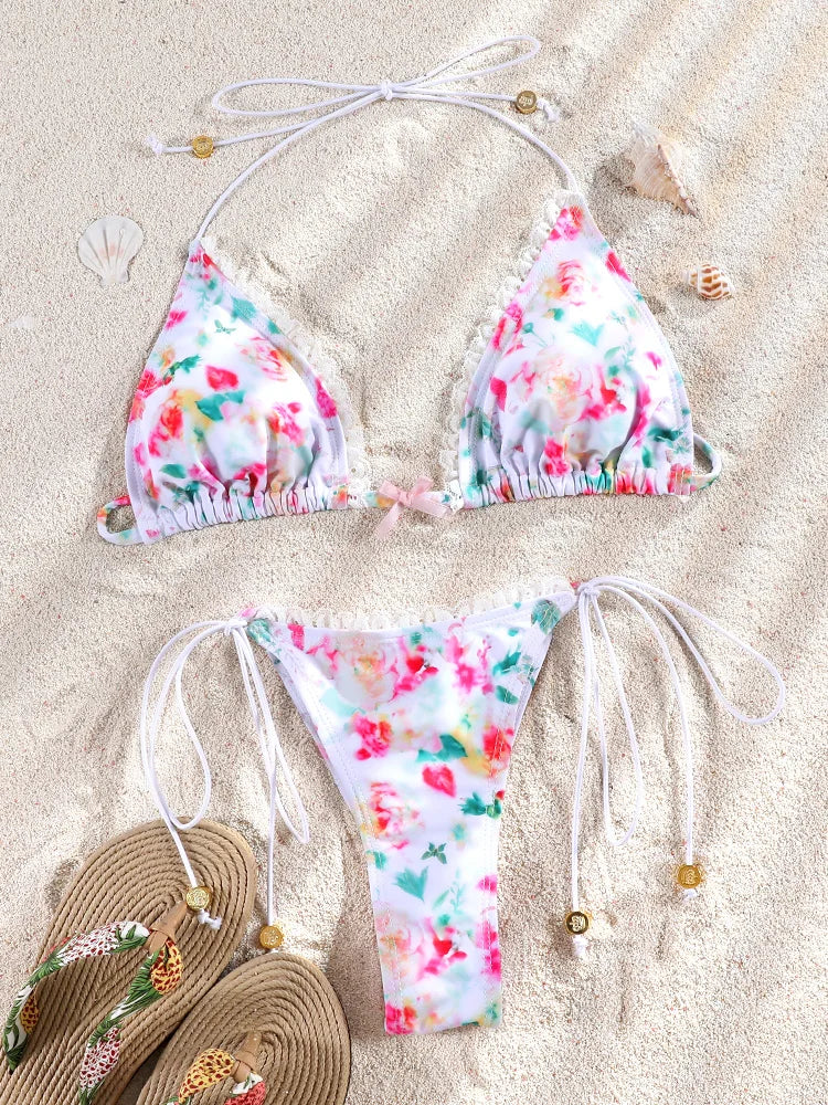 Set bikini bordato con stampa floreale Costumi da bagno sexy Donna 2025 Bikini Costume da bagno Micro perizoma Fasciatura Costumi da bagno